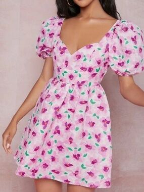 SHEIN Pink Floral Puff-Sleeve Sweetheart Dress